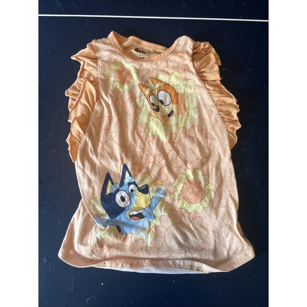 Bluey and Bingo Size 4T Peach Flutter Sleeve Floral Sunflower Nightgown, Gown
